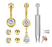 AVYRING Ensemble de piercings de nombril longs et courts - Piercing de nombril délicat en acier inoxydable 316L avec diamant, boules de piercing et pince de serrage, 14 g 10 mm pour femme