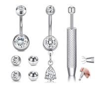 AVYRING Ensemble de piercings de nombril longs et courts - Piercing de nombril délicat en acier inoxydable 316L avec diamant, boules de piercing et pince de serrage, 14 g 10 mm pour femme