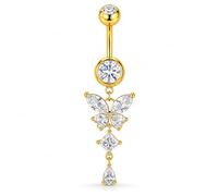 AVYRING G23 Piercing de nombril en titane pour femme 14G avec cœur papillon en forme de larme CZ 10 mm Argenté et doré, Titane