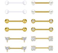 Avyring Lot de 6 barres de piercing en acier inoxydable - 14G 16 mm de barre droite avec zircone cubique ronde et en forme de cœur, bijoux de piercing pour la langue pour femmes et hommes, 16