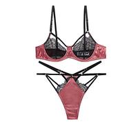 Awake Lingerie Amore Sexy Ensemble de Lingerie Satin Dentelle Soutien-Gorge à Armatures et lanières String Luxe sous-vêtements Femmes (Cocoa Red, M)