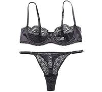 Awake Lingerie Hedy Soutien-Gorge Balconnet Ultra Thin à Armatures et String en Dentelle, Sexy Ensemble de Lingerie Satin sous-vêtements (Noir, L)