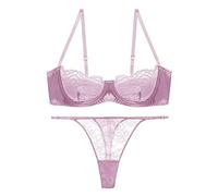 Awake Lingerie Hedy Soutien-Gorge Balconnet Ultra Thin à Armatures et String en Dentelle, Sexy Ensemble de Lingerie Satin sous-vêtements (Rose, M)
