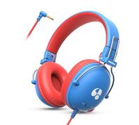 awatrue Casque Audio Enfant, Casque Filaire Enfant, Limite de Volume 74/85dB, Son Stéréo, Son Haute Définition, Fiche Jack 3,5 mm pour IPad/Tablette/PC/Voyage (Bleu Rouge)