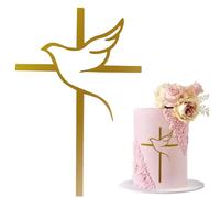 AWAVM 1 x Cake Decoration Cross Cake Topper Dove Gold Acrylic Cake Decoration, Iridescent Mirror Effect for Wedding, Birthday, Christmas, Party & More, Cross and Leaves (A)