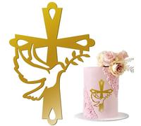 AWAVM 1 x Cake Decoration Cross Cake Topper Dove Gold Acrylic Cake Decoration, Iridescent Mirror Effect for Wedding, Birthday, Christmas, Party & More, Cross and Leaves (C)