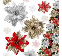AWAVM 15PCS Christmas Flowers Large,Fleurs de Noël à Paillettes (15 cm) Christmas Decorations pour Sapin de Noël