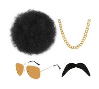 AWAVM 4Pièces Perruque Afro Deguisement Hippie Perruque Hippie Costume Disco Perruque Marron Or Homme Perruque Lunettes Fausse Moustache Collier Déguisement Hippie Funky Costume Annees 70 Deguisement