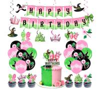 AWAVM 64PCS Witch Party Decor, Décor De Fête Vert Et Rose, Ballon, Cupcake Decor, Bannière Et Gâteau Decor Set Pour Les Jeunes Ou Les Adultes Ensemble De Fête d'Anniversaire