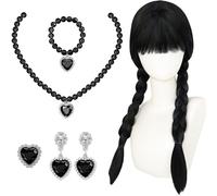 AWAVM Déguisement Halloween Gothic Noir avec Perruque, Collier et Boucles d’oreilles, Tenue Sombre Déguisement Halloween Vampire Fille et Femmepour Carnaval, Cosplay, Fête Horreur