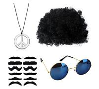 AWAVM Ensemble de Costume Hippie, Perruque Afro, Funky Lunettes de Soleil, Collier Signe de Paix, fausses moustaches auto adhésives,Deguisement Annee 60/70/80 Homme