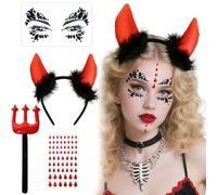AWAVM Halloween Déguisement Diable Femme 4 Pièces - Serre-tête Cornes avec Strass Rouges, Tatouage Cicatrice, Baguette Magique, Accessoires Carnaval et Cosplay Femme Fille Adulte