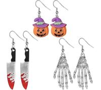 AWAVM Lot de Boucles d’Oreilles Halloween, Set de 3 Paires avec Couteau Ensanglanté, Citrouille et Main Squelette, Bijoux Effrayants pour Filles et Femmes, Cadeau et Accessoires Costume