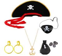 AWAVM Set 6 pièces déguisement pirate pour enfant, avec chapeau, cache œil, collier, 2 boucles d'oreilles, bourse, idéal pour costume pirate, fête thème, Halloween et cosplay.