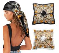 AWAYTR 35” Large Satin Square Head Scarf - 2Pcs Silk Like Floral Head Scarves Square Satin Hair Scarf Bandanas for Women (Cashew(Black/Beige))