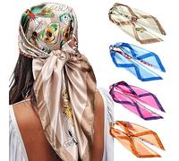 AWAYTR Satin Large Square Head Scarves - 4PCS Lightweight Silk Like Neck Scarf Hair Sleeping Wraps for Women (Buttfly patterns(Blue/Coffee/Beige/Rose red)