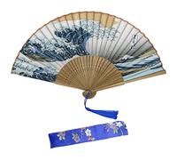 AWCIGG Eventail Japonais Kanagawa Sea Waves Éventail Décoration Japonaise Eventails Soie et Bambou avec Frange Mini Evantail etui de Protection En Tissu Inclus pour Femme Été Enfant Fille Homme