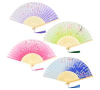 AWCIGG Japonais Eventail Tissu Bois Plié Chinois Eventails Pliants Soie et Bambou avec Frange Style Japonais Mini Éventail Décoration pour Femme Mariage Été Enfant Fille Homme Lot de 4