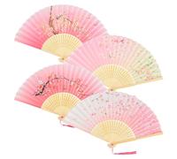 AWCIGG Lot de 4 Eventail Tissu Bois Plié Chinois Eventails Pliants Soie et Bambou avec Frange Style Japonais Mini Éventail Décoration Japonaise pour Femme Mariage Été Enfant Fille Homme