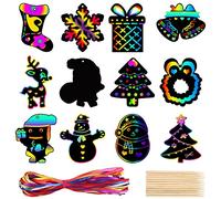 AWCIGG Lot de 48 Carte a Gratter Noel Enfant Loisir Creatif Papier à Gratter Livre Dessin a Gratter de Noël avec 48 Rubans Colorés 12 Stylet en Bois