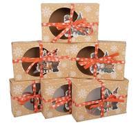 AWCIGG Lot de 6 Boite Cadeau Noel Boite a Biscuit Gateau Vide Noel Boite Carton Emballage pour Patisserie Cadeau Christmas avec Fenêtre Papier Alimentaire et Rubans Boite