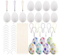 AWCIGG Oeufs de Paques Decoration 25x Œuf de Pâques Blanc a Decorer en Plastique pour Peindre de Bricolage Oeufs en Polystyrène avec Une Corde Cintre des Bâtons de Bois