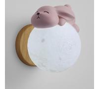 AWEITG Applique murale en résine lapin rose, applique murale moderne lune, applique murale en bois for chambre d'enfant, abat-jour PLA, appliques murales globe nordique, éclairage intérieur