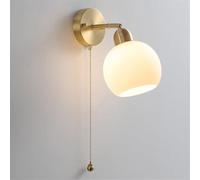 AWEITG Mid-Century Gold Wall Sconces White Glass Shade - Vintage Brass Pull Chain Lighting for Bedroom, Living Room, Hallway