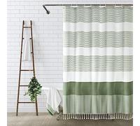 Awellife Rideau de Douche en Lin à Franges et Rayures pour Salle de Bain, Style champêtre, Vert Sauge, 183 x 198 cm
