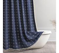 Awellife Rideau de douche en lin avec pompons pour décoration de salle de bain style rustique en treillis avec crochets, 152,4 x 182,4 cm (L x l) bleu marine