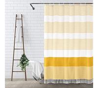 Awellife Rideau de Douche en Lin Naturel à Franges et Rayures pour Salle de Bain, Style bohème, champêtre, Jaune, 183 x 122 cm (L x l)