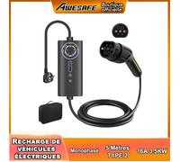 AWESAFE Chargeur VE Portable avec Prise Schuko 5m Chargeur Véhicule électrique 6/8/10/13/16A 3.5KW avec sac de rangement Noir
