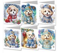 Awesocrafts Lot de 6 cartes de Noël Diamond Art Chiot mignon, kit de cartes de peinture diamant 5D avec enveloppes, cartes postales pour cadeau fait main, cadeau de Noël 30 x 15 cm (chien)