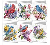 Awesocrafts Lot de 6 cartes de Noël Diamond Art Oiseau et fleur à faire soi-même, carte d'art en cristal 5D avec enveloppes, cartes postales pour Noël faites à la main, 30 x 15 cm (oiseau)