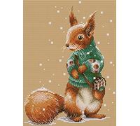 Awesocrafts Point de Croix Kit Complet Estampé, Écureuil d'hiver Estampillé 11CT 3 brins 27×37cm Broderie Point de Croix Imprimé