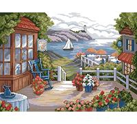 Awesocrafts Point de Croix Kit Complet Estampé, Terrasse avec Fleurs épanouies Estampillé 14CT 2 brins 44×33cm Broderie Point de Croix Imprimé