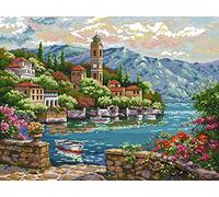 Awesocrafts Point de Croix Kit Complet Estampé, Tour de l'horloge en bord de mer Estampillé 14CT 2 brins 54×43cm Broderie Point de Croix Imprimé