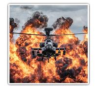 Awesome 12474 Lot de 2 autocollants carrés 10 cm - Apache Army Attack Hélicoptère Fire Fun Decals pour ordinateurs portables, tablettes, bagages, scrapbooking, réfrigérateur, cadeau cool