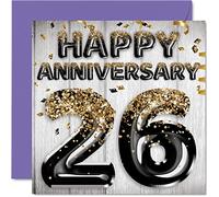 Awesome 26th Anniversary Card for Husband Boyfriend Wife Girlfriend - Black Gold Glitter Balloons - Happy 26 Anniversary Cards from Family, 145mm x 145mm Greeting Cards for Twenty-Sixth Anniversaries