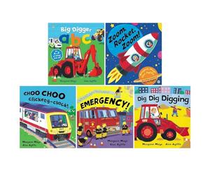 Awesome Engines 5 Books Collection Set (Zoom Rocket Zoom, Dig Dig Digging, Big Digger ABC, Choo Choo Clickety-Clack, Emergency) by Margaret Mayo