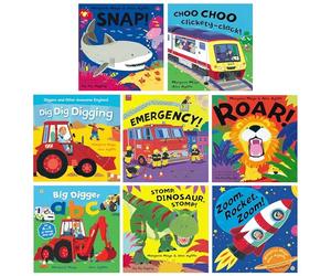 Awesome Engines & On The Go By Margaret Mayo 8 Books Collection Set (Zoom, Rocket, Zoom, Dig Dig Digging, Big Digger A-B-C, Choo Choo Clickety-Clack, Emergency, Stomp, Dinosaur, Stomp, Roar & Snap)