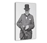 AWFGQ Impression sur toile de qualité supérieure Winston Churchill avec une mitrailleuse Tommy - Décoration murale pour salon, chambre à coucher - Style cadre - 50 x 75 cm