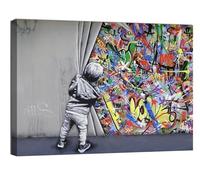 awitufhgp Tableau sur toile « L'enfant qui tire les rideaux » de Banksy, art mural de style graffiti urbain pour la décoration du salon ou de la chambre (45 x 90 cm/sans cadre)