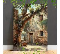 awitufhgp Tableau sur toile rustique représentant un village méditerranéen - Maison en pierre sereine et arbre ensoleillé, pour la décoration du salon, du bureau ou du couloir (20 x 30 cm/sans cadre)