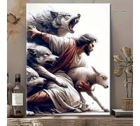awitufhgp Tableau sur toile - Scène dramatique de berger et de loup, pour la décoration de la maison, de la chambre ou du bureau, style traditionnel, art inspiré par le vent (60 x 80 cm/sans cadre)