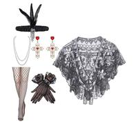 AWJUWHBJ Ensemble complet d'accessoires 6 en 1 avec châle à paillettes et bijoux pour célébrations des années folles, noir/argenté, taille unique