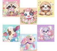 AWLNKMC Lot de 6 kits de peinture diamant 5D de dessin animé pour enfants débutants, kit de mosaïque à faire soi-même avec motif animal mignon, kit de mosaïque pour enfants, foret rond, grande pierre