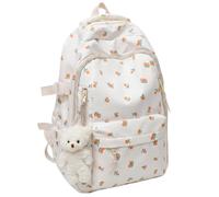 AwnsIMfreien Sacs à dos mignons pour filles et femmes, sac à dos d'école en nylon imprimé orange avec breloque ours pour sac de voyage, blanc, mignon