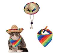 AWOCAN Chapeau de Paille pour Animal Domestique - Chapeau de Sombrero Mexicain - Écharpe Arc-en-Ciel - Décorations de fête pour Anniversaire - pour Petits Animaux domestiques, Chiots, Chats (A)