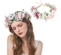 AWOCAN Femmes tête de corolle avec fleur coiffe couronne mariage mariée cheveux guirlande réglable fleur cheveux guirlande (BLANC+ROSE-A, L)